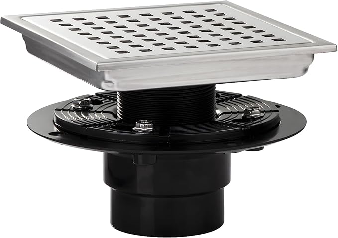 Square Shower Drain, Silver Shower Drain 6 inch with Flange and Removeable Grate Cover, AISI 304 Stainless Steel Shower Floor Drain with Hair Catcher and Flange