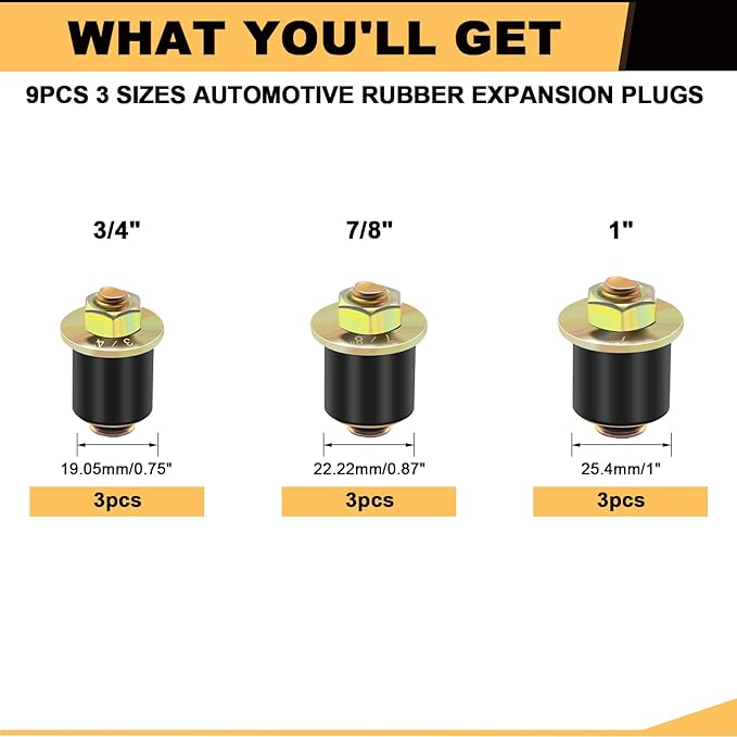 Siptenk 9PCS Freeze Rubber Expansion Plug, 3 Sizes Automotive Rubber Expandable Freeze Plugs 3/4" 7/8" 1" for Engine