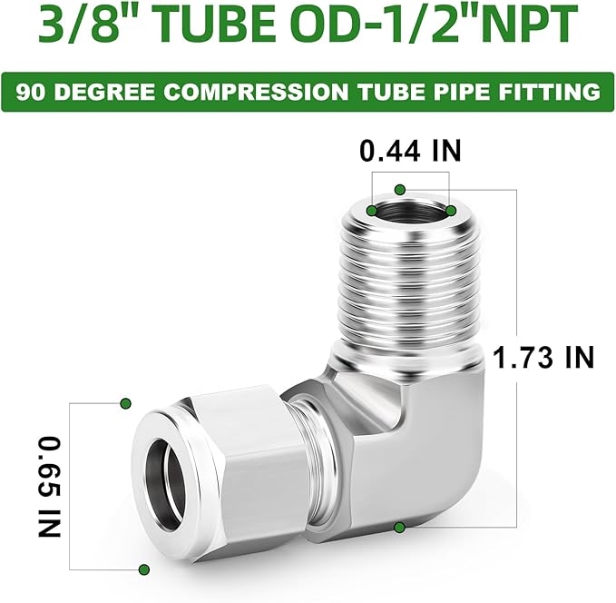 TAISHER 1PCS 316 Stainless Steel 90 Degree Compression Tube Pipe Fitting Connector, 3/8" Tube OD x 1/2" NPT Male Adapter