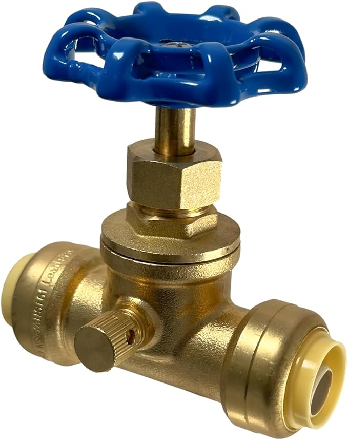 XFITTING 1/2 inch Push Fit Stop Valve with Drain and Vent, Push to Connect Brass Plumbing Fitting, Pex Pipe, Copper, CPVC, PE-RT, HDPE, 2-5-1=1, 1 Piece