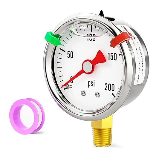 0-200psi Stainless Steel Glycerin Liquid Filled Pressure Gauge1/8 NPT 1.5" Dial, Lower Mount for Pressure Testing of Water, Oil and Air (with Range Mark Pointer)