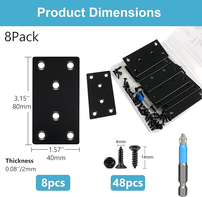 QSJ 8 Pack Black Flat Mending Plate 3.15x1.57'', Stainless Steel Bracket, Straight Metal Brace Bracket, Fixing Joining Plate for Wood Furniture Fastening & Fixing