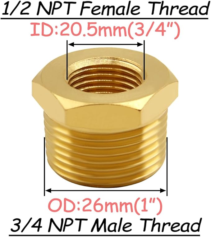 4PCS Brass Reducer Bushing, 3/4" NPT Male to 1/2" NPT Female Thread, Hex Reducing Convert Adapter Pipe Fitting Connector for Water/Oil/Gas