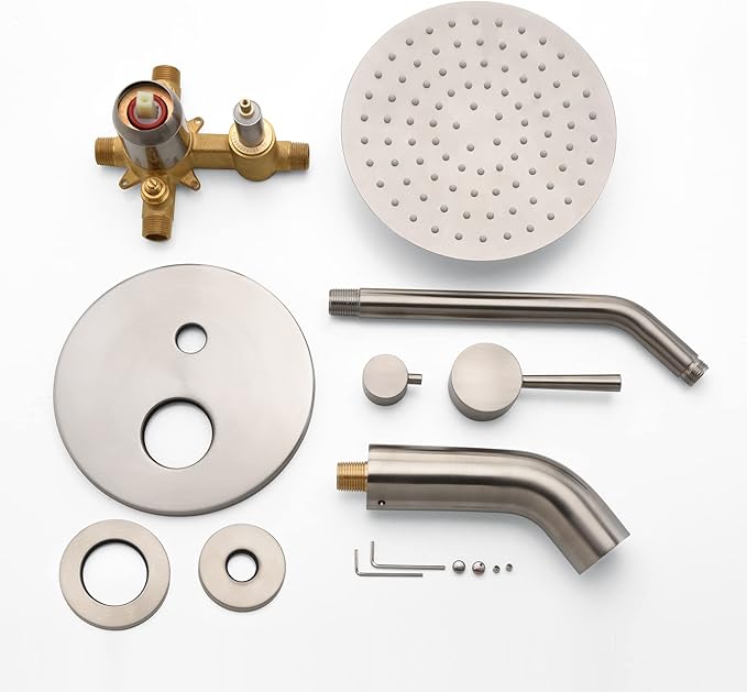 sumerain Tub and Shower Faucet with Rough in Valve, Brushed Nickel Shower Faucet with Tub Spout, 8 Inch Rain Shower Head