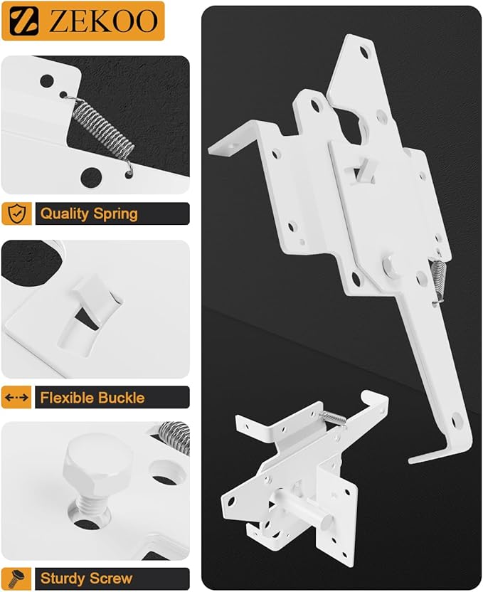 ZEKOO Stainless Steel Gate Hardware Kit, Self Closing Gate Hinges and Latch, Rust Proof, Use for Vinyl Fence Gate and Wood Fences Gate, Heavy Duty 2 Gate Latches 4 Gate Hinges (White)