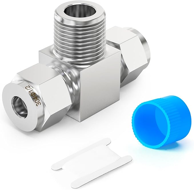 TAISHER 1PCS 304 Stainless Steel Compression Tube Pipe Fitting Connector, 1/2" Tube OD x 1/2" NPT Male x 1/2" Tube OD Tee Adapter