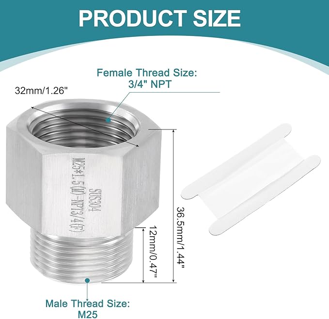 uxcell Pipe Fitting Reducing Adapter, M25 Male x 3/4" NPT Female 304 Stainless Steel Reducer Connector for Water Oil Air Pressure Gauge, Silver