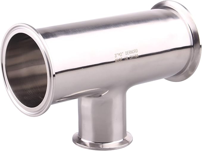 DERNORD Reducing Clamp Tee 3 Way Stainless Steel 304 Sanitary Fitting (3 inch x 3 inch x 2 inch)