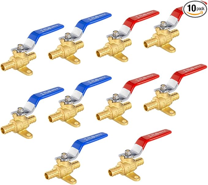10-Pack EFIELD 1/2-inch Crimp Pex Brass Full Port Shut-off Ball Valve with Drop-ear, Red and Blue Levels, ASTM F1807 (10, 1/2-inch),(VALVE213)