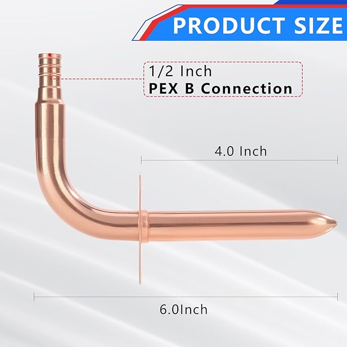 (2-Pack YVSKM) 1/2" × 6" Copper PEX Stub-Out Elbow with Flange, Lead-Free Plumbing Fitting for 1/2 Inch Copper Pipe, Closed-End Connector for Water, Heating, and Residential or Commercial Systems