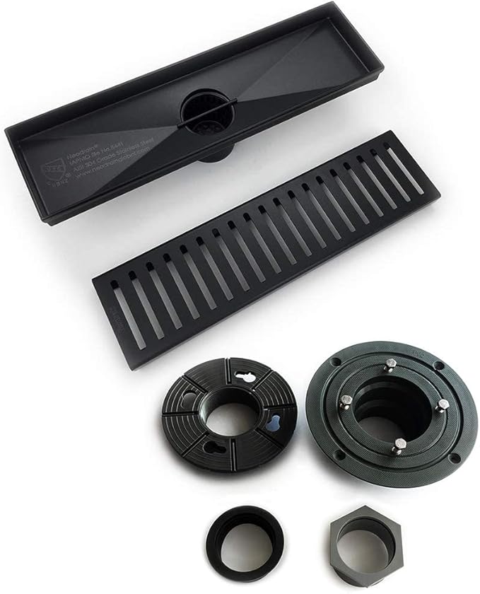 Neodrain 12-Inch Linear Shower Drain with Removable Capsule Pattern Grate, Black Color with Shower Drain Base,304 Stainless Steel Shower Floor Drain, with Hair Strainer