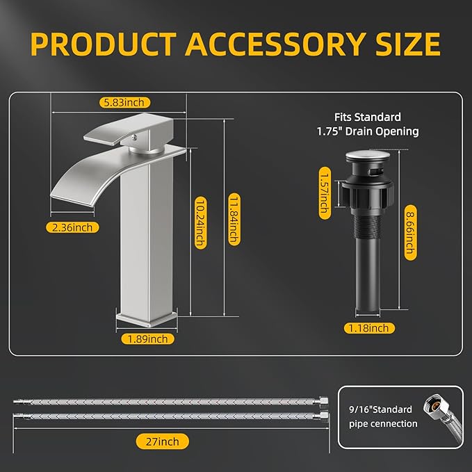 Rywuanku Tall Brushed Nicklel Bathroom Faucet Waterfall Spout, Single Handle Sink Faucet with Pop-up Drain & Deck Plate, Modern 1 Hole Vanity Faucet for RV, Farmhouse, Camper or Bathroom