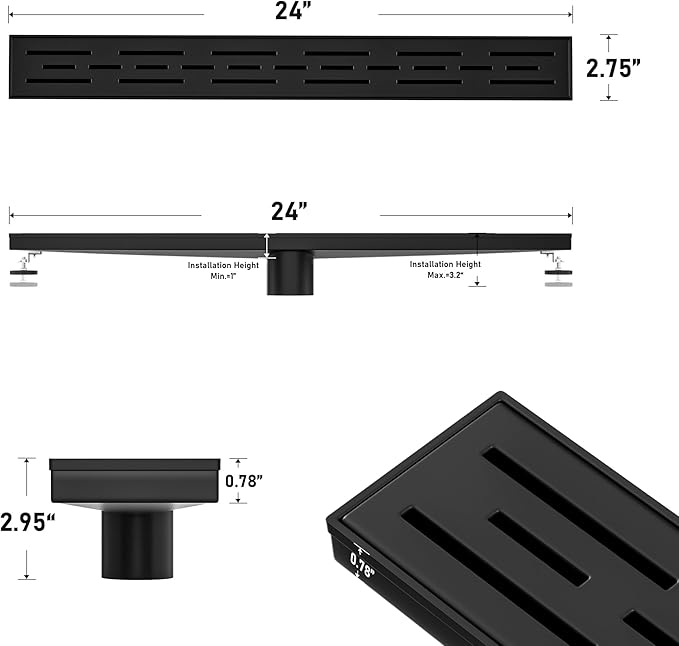 Linear Shower Drain 24" Matte Black 304 Stainless Steel | with Drain Grate| Fast Drainage | Stainless Floor Drain Grate | Hair Strainer | Drain Key | The Upgrade for Your Bathroom