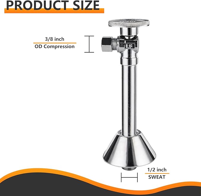 5-PCs HeSun Angle Stop Valve with 5-Inch Copper Sweat Tube Extension, 1/2" Sweat x 3/8" OD Compression Angle Stop, 1/4 Turn Shut Off Valve for Bathroom(VALVE145-5)