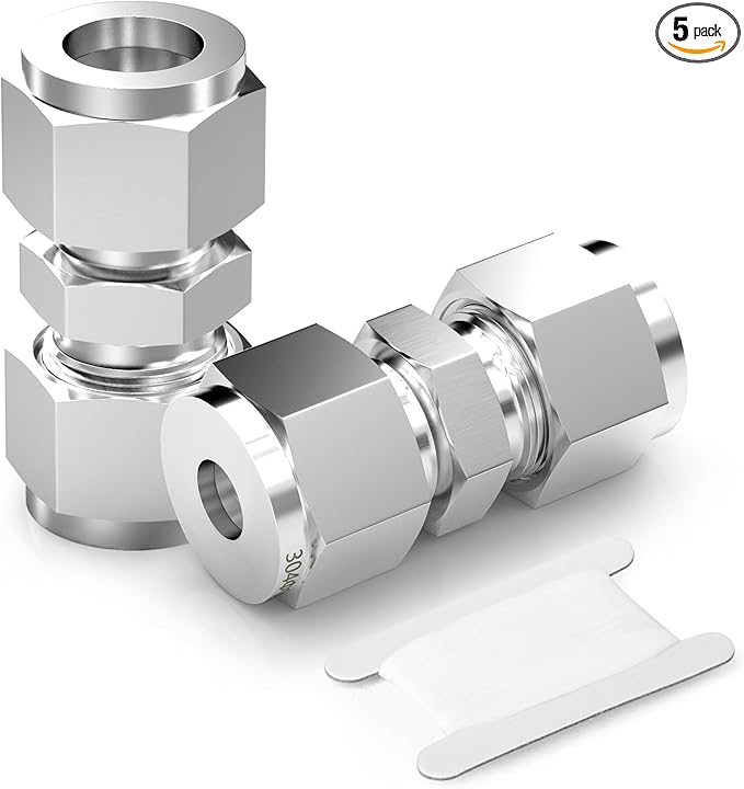TAISHER 5PCS 304 Stainless Steel Compression Tube Pipe Fitting Connector, 1/8" Tube OD x 1/8" Tube OD Straight Adapter