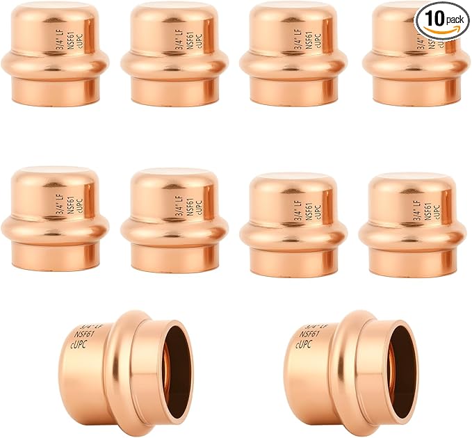 10-Pack YVSKM 3/4" Copper Press Cap, Lead-Free Copper Pipe Fitting End Cap for Press Plumbing Systems, Hot & Cold Water, HVAC & Potable Water Applications