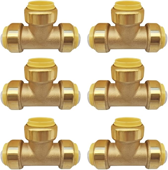 HQMPC 1" Pex Fitting Pex tee 6 Pcs Push Fit Plumbing Tee, Push-to-Connect Plumbing Fittings, Brass Pipe Connector T Fittings for Copper, PEX, CPVC, No Pb (6pcs, 1 Inc)