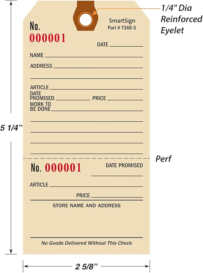 SmartSign (Pack of 100) 5.25 x 2.625 inch Numbered Repair Tags with Pre-Attached String and Stub (Size - 6), 10 Point Manila Cardstock