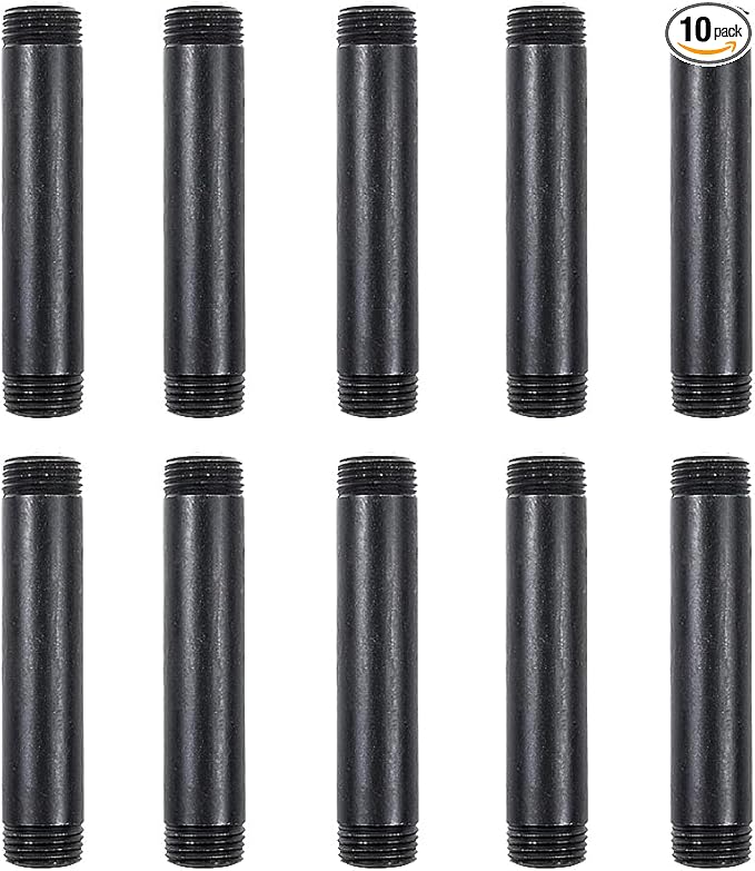 10 Pack 1/2 Inches x 4 Inches Black Malleable Steel Nipples Fitting, DIY Steampunk Industrial Vintage Style.