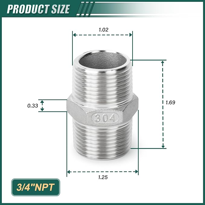 5PCS 304 Stainless Steel Hex Nipple, 3/4" Male NPT Straight Head Pipe Adapter Fittings, Equal Nipples Connectors for Oil, Water Line, Gas