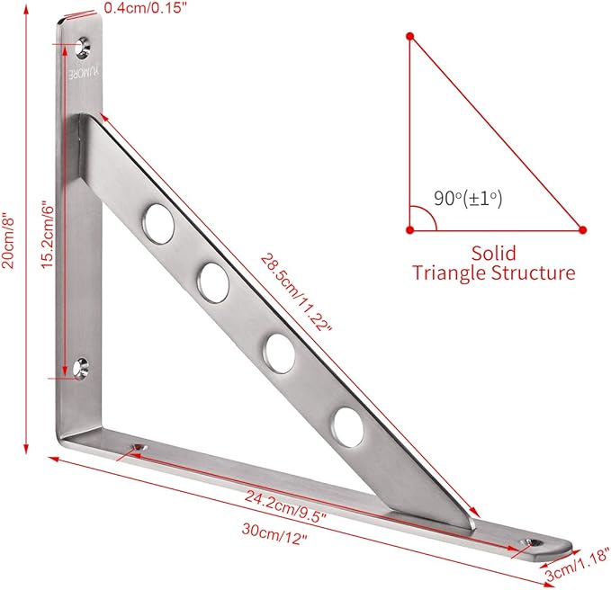YUMORE Shelf Bracket 12", Stainless Steel Heavy Duty L Shaped Brackets Wall Mounted Floating Table Support with Hanging Holes Corner Brace 4mm Right Angle Joint Brackets, 2pcs, Max Load 400lbs