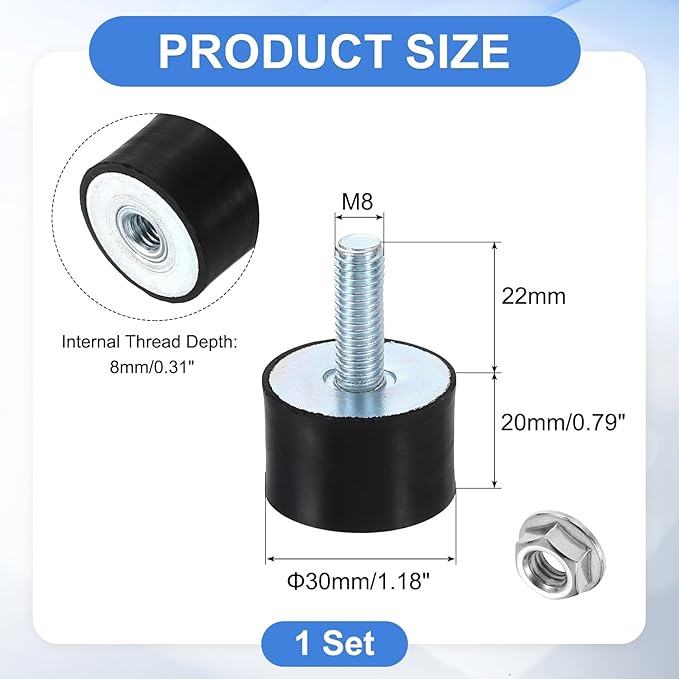 uxcell M8 Rubber Mounts, 1Pcs 30x20mm(DxH) Rubber Cylindrical Anti Vibration Isolator Shock Absorber with Lock Nut for Car Bobbin Generator Air Compressors