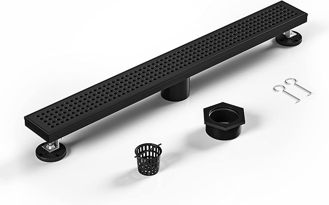 Linear Shower Drain 30", 304 Stainless Steel Floor Drain with Grid Drain Cover & Hair Strainer, Rectangular Shower Drain w/CUPC Certified, Matte Black