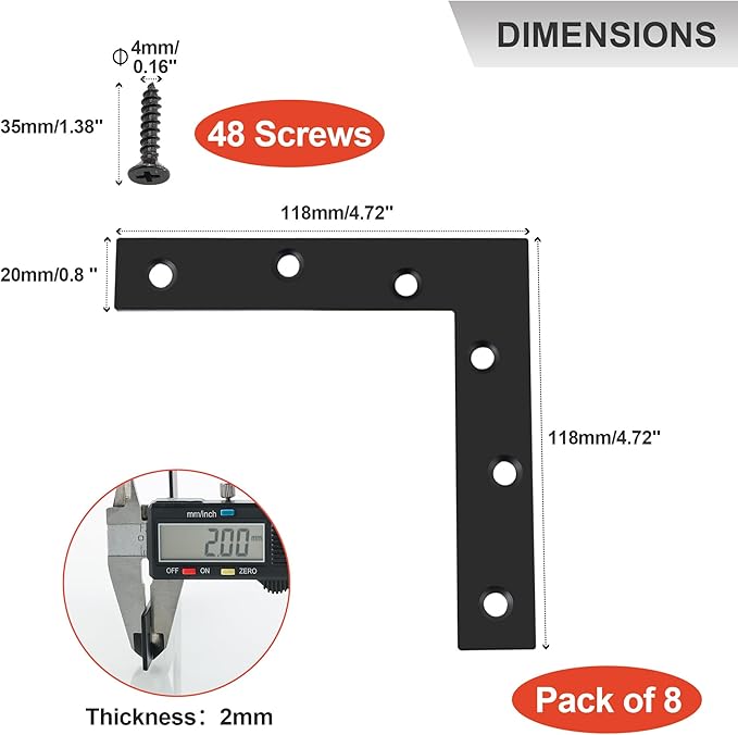 SAYAYO L Brace, 120x120mm / 5" x 5" Metal L Mending Plate L Flat Plate Bracket Stainless Steel Right Angle Corner Brace for Wood Matte Black (10 PCS )