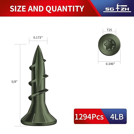 #8 x 5/8" Deck Screws (1294Pcs) 4lb. Carbon Steel, Green, Flat Head, Rust Resistant epoxy Coated, with T25 Star Bit