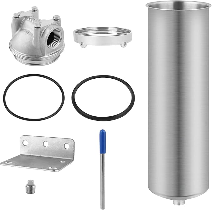 Amwater NSF/ANSI 42 Stainless Steel Whole House Water Filter Housing, 10" x 2.5" Sediment Water Filter System for Heavy Duty, Well & City Water, 1" NPT Port, Drain Valve Style C