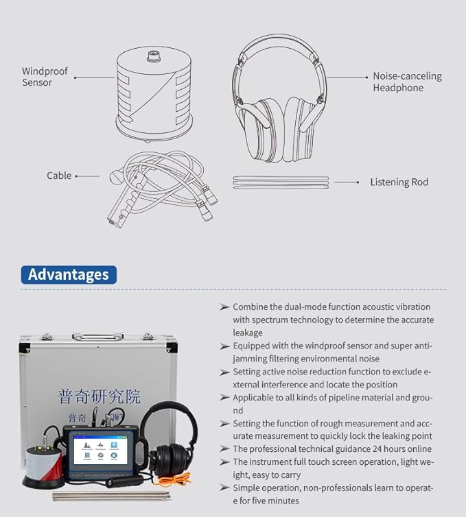 PQWT CL200 Water Leak Detectors for Home and Outside Wall Water Pipe Detector Acoustic Pipeline Leakage Detection Kit Professional Sensor Noise Reduce Headphone LCD Touchscreen Carry Case 2 Meters