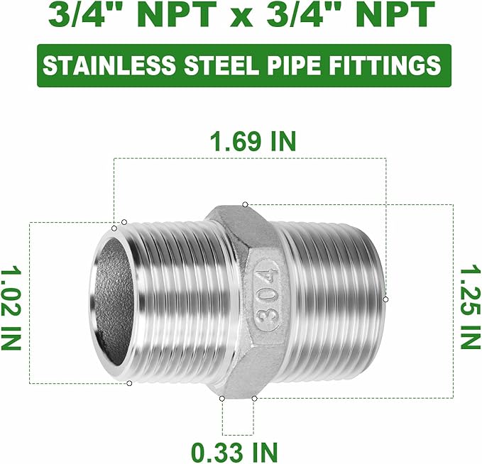 TAISHER 5PCS Cast 304 Stainless Steel Hex Nipple, Pipe Fitting 3/4-Inch Male Pipe x 3/4-Inch Male Pipe