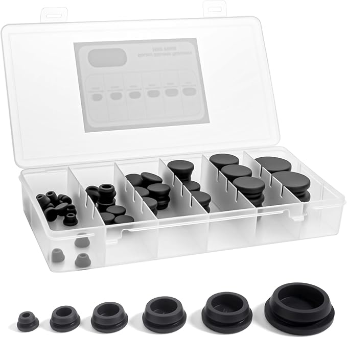 62PCS 6 Sizes Rubber Plugs for Round Holes,Silicone Plug Black 1" 3/4" 5/8" 1/2" 3/8" 1/4" with Snap Locking, Silicone Stoppers Plugs Suitable for Car Auto Wiring Furniture