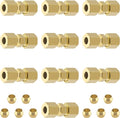 Brass Tube Pipe Compression Fitting, 10 Pcs 1/4" Tube OD x 1/4" Tube OD Ice Maker Water Line Compression Union Connector & 10 PCS Compression Sleeves Ferrules