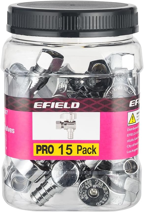 Pro 15-Pack EFIELD 1/4 Turn Angle Stop Valve 3/8" OD Compression x 1/2" Pex Crimp, Chrome Plated LF Brass, Heavy Duty,(VALVE375)