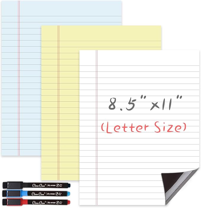 Magnetic Dry Erase Board – 8.5”x11” Reusable Lined Dry Erase Notebook Sheet for Fridge 3 Pcs – 3 Markers Included