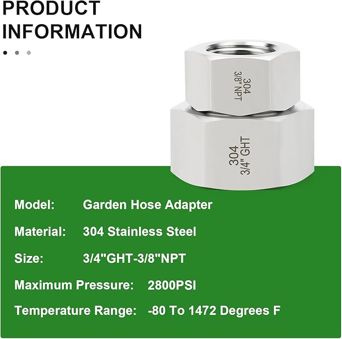 TAISHER 2PCS 304 Stainless Steel Garden Hose Adapter, 3/4" GHT Female x 3/8" NPT Female Garden Hose Connector with Washers