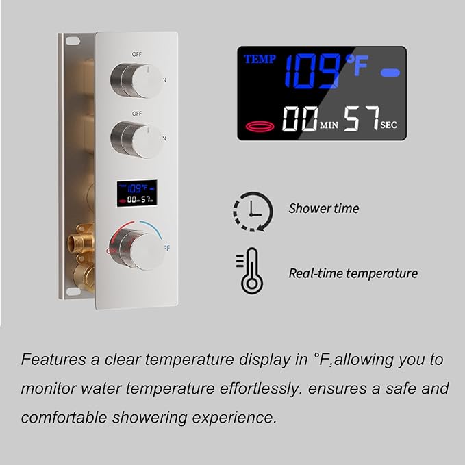 Concealed Mount Brass Shower Valve, Digital Temperature Display, Flow Control Mixing Valve, 2 Function, Chrome