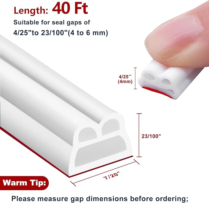 40FT Rubber Weather Stripping Door Seal, Self Adhesive Door Insulation Strip, Block Drafts, Multi-Layer Soundproof, Weatherstripping for Door Frame and Windows (White)