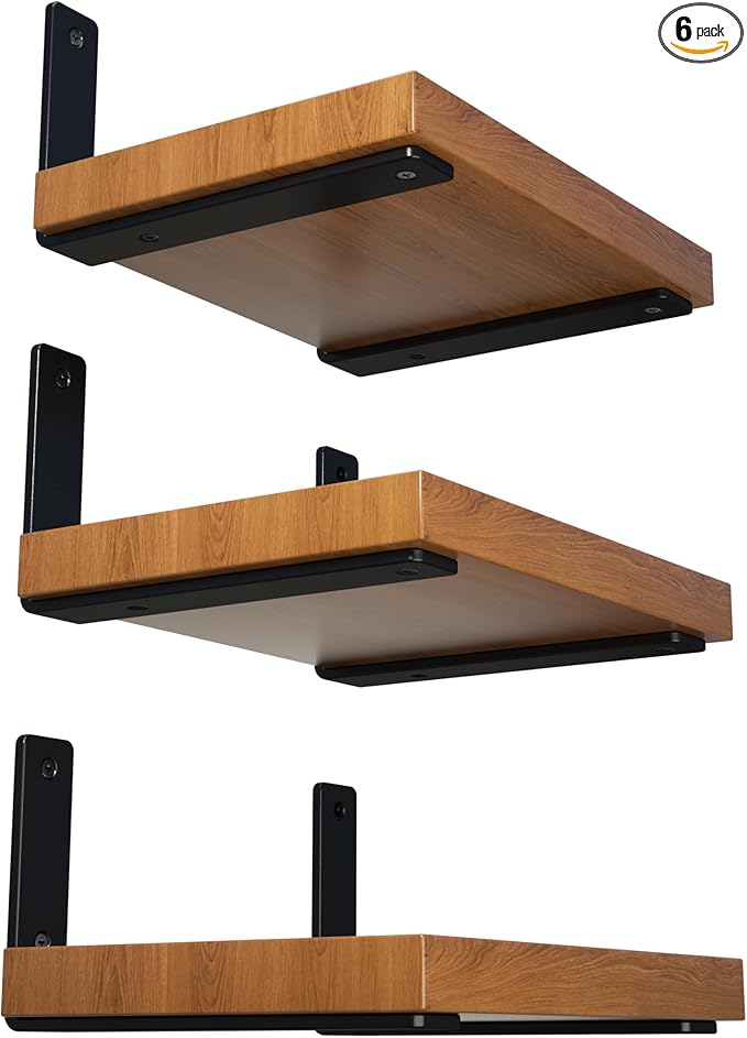 6-Pack 12 Inch Heavy Duty Shelf Brackets, Premium Floating L Bracket for Wall, Kitchen, Mantel Shelves Support | Quarter Inch (1/4") Thick | Black Powder Coated Steel