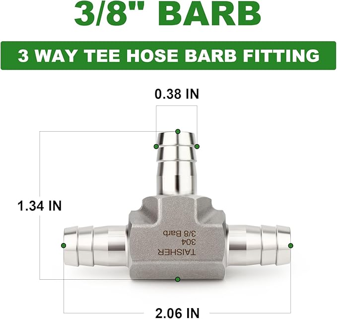 TAISHER 2PCS Forging of 304 Stainless Steel 3 Way Tee Hose Barb Fitting, 3/8" x 3/8" x 3/8" Hose Barb for Fuel/Air/Lquid/Gas with 6PCS Hose Clamp