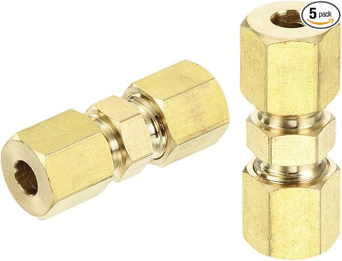 uxcell 5Pcs Brass Compression Tube Fitting, 3/16" Tube OD x 3/16" Tube OD Connector Straight Coupling Adapter Union Fittings