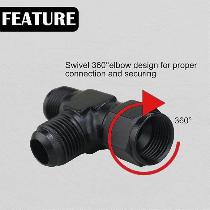 6AN Flare Male Tee Fitting Adapter with AN6 Female Swivel on Run Black