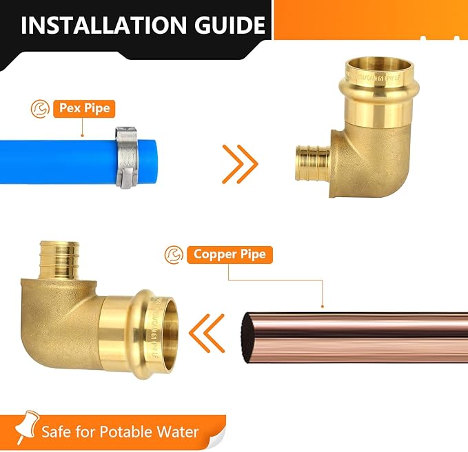 30-Pack HeSun Copper Press Fitting Elbow, 1" PRESS X 3/4" PEX F1807 Crimp Elbow, LF Brass