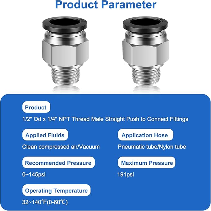 10 Pcs Push-to-Connect Fittings 1/2 Inch Tube OD x 1/4 Inch NPT Thread Pneumatic Male Straight Quick Connect Air line fittings