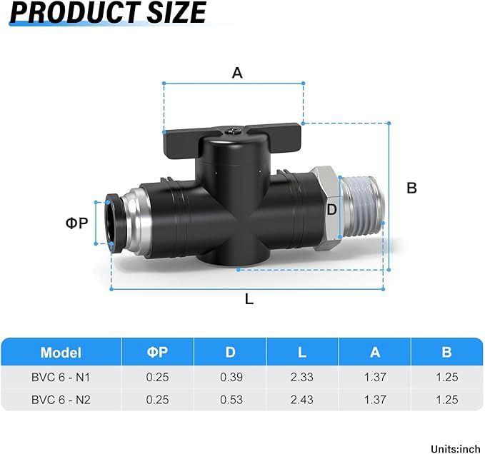 TAILONZ PNEUMATIC 6MM Tube OD x 1/8 Inch NPT Thread Ball Valve Air Flow Control Valve Push to Connect Fitting BVC6-N1（Pack of 3）