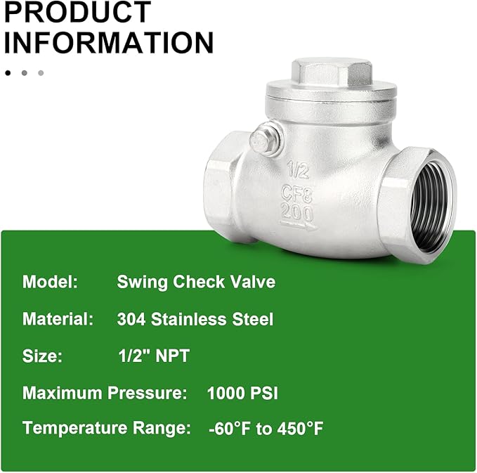 TAISHER 1PCS 304 Stainless Steel 1/2" NPT Female Swing Check Valve，Backflow Prevention, One Way Check Valve CF8 WOG 1000