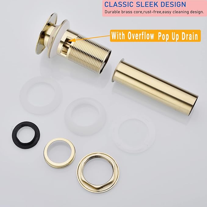 Bathroom Pop Up Drain with Overflow, Bathroom Sink Push Pop Up Assembly Vessel Sink Drain with Overflow. (Brushed Gold)