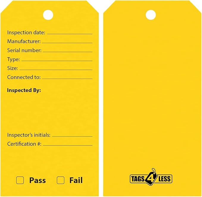 Tags 4 Less Backflow Preventer Inspection Tags – 2 5/8" x 5 1/4" Maintenance Record Label for Backflow Test, Waterproof Heavy Duty Vinyl Plastic for Record-Keeping (Yellow, Pack of 100)