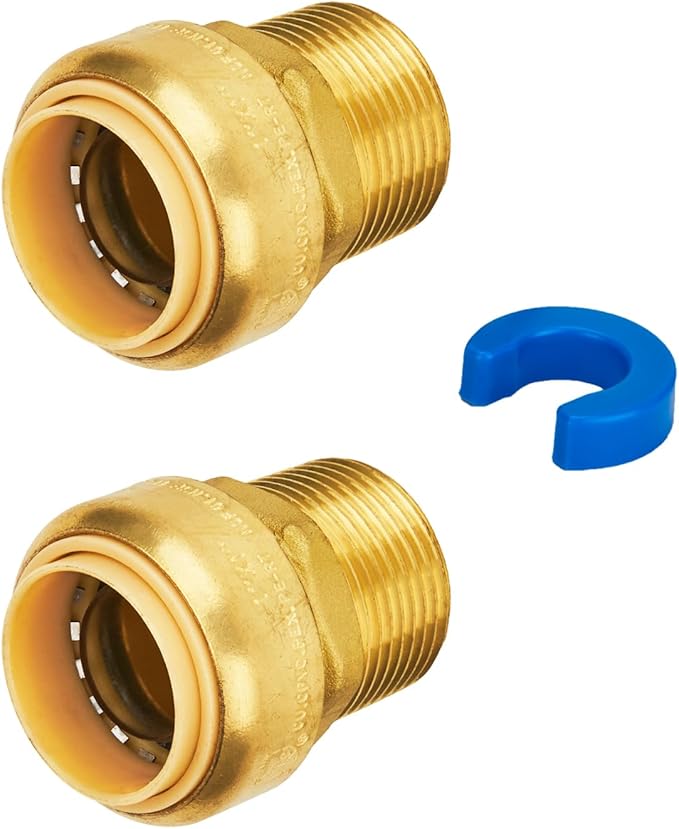 SUNGATOR 1-Inch by 1-Inch Push Fit Male Adapter, Straight Connector Plumbing Fitting, Push-to-Connect Copper, PEX, CPVC, No Lead Brass Pipe Fittings with Disconnect Clip (2-Pack)